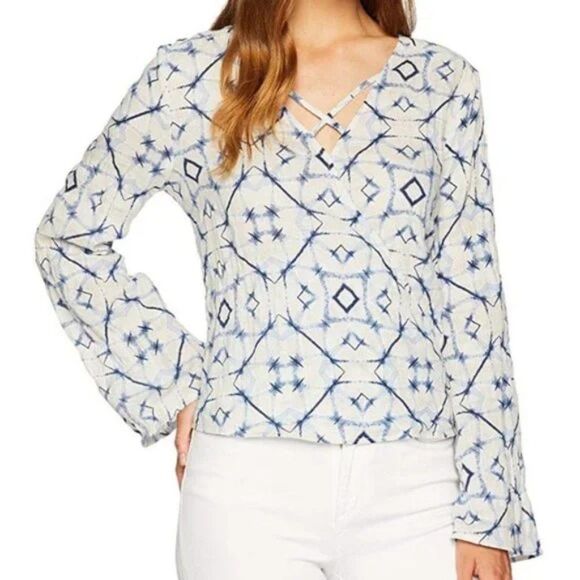 Miss Me Blue White V-neck Bell Sleeve Boho Top - Picture 1 of 7